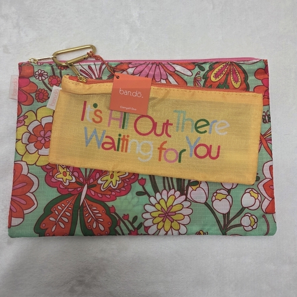 Carryall Duo Pouch Set Butterfly Floral Print & "It's All Out There" Yellow New